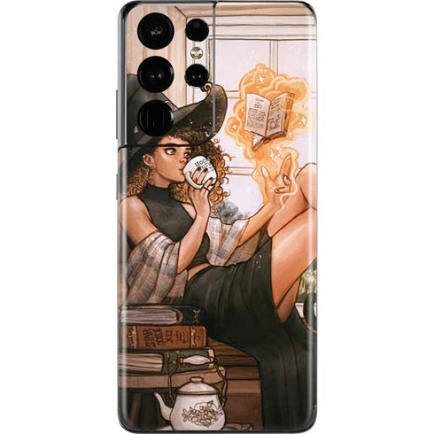Cozy Autumn Library Witch with Cat and Coffee by Ivy Dolamore Galaxy S21 Ultra 5G Skin